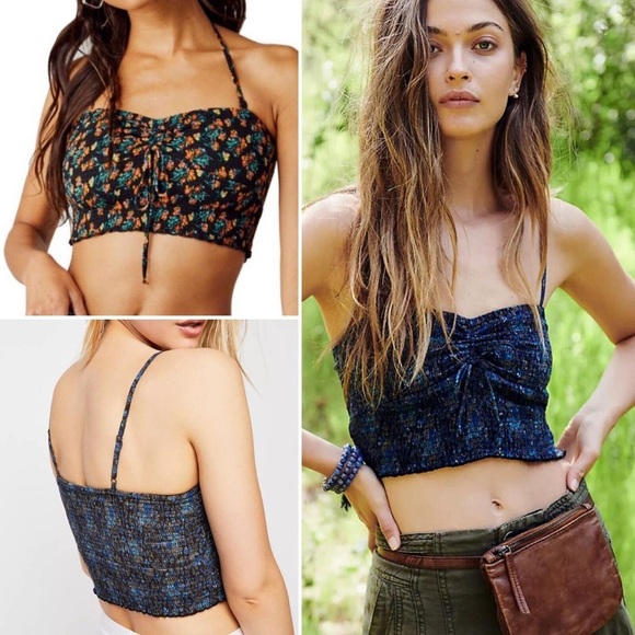 Free People Tops - Free People Floral Smocked Crop Top - Black and Blue